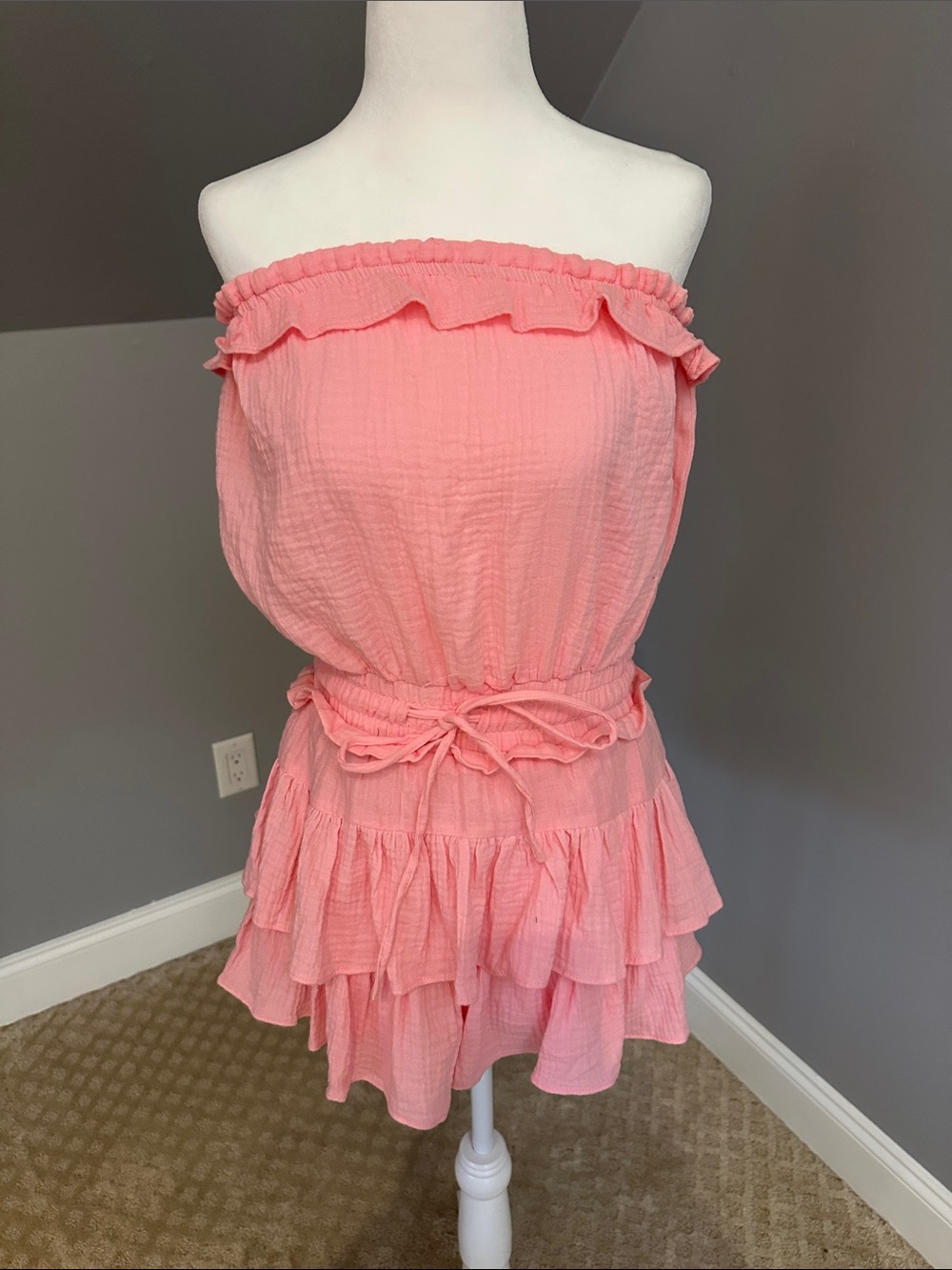 Strapless Ruffle Tiered Pink Romper with Self-Tie Waist